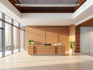 A serene, modern reception area bathed in warm sunlight, featuring a sleek wooden reception desk and expansive windows overlooking a tranquil outdoor space with soft light and clean lines.
