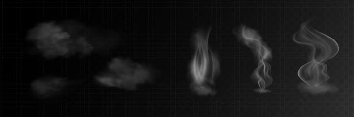 Set of steam or abstract white smog. Isolated on a black background. Wavy steam, fog, haze, gas, hot drinks, food. Vector