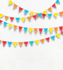 Colorful flags hanging party on white wall background, birthday, anniversary, celebration event, festival greeting card background, scene for shooting.