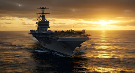 Aircraft carrier sails at sunset with fighter jets on deck and dramatic ocean reflections.