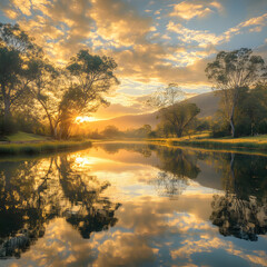 A serene sunset over a calm river, reflecting trees and clouds in tranquil waters.