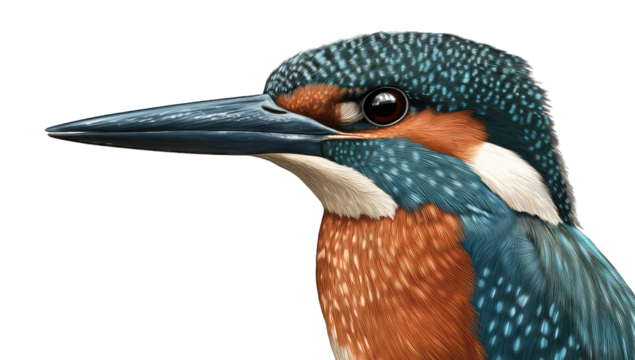 a kingfisher bird showcasing its vibrant colors and intricate feather patterns. bird's sharp beak and striking features ideal for educational or artistic purposes