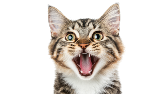 a cheerful tabby cat with wide eyes and an open mouth expressing joy or excitement against a plain white background. playful and lively nature of the feline