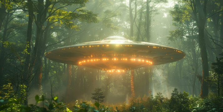 Flying Saucer Landing in Mystical Forest with Glowing Lights During Early Morning - Alien Spaceship Amidst Dense Trees, Futuristic Scene, Extraterrestrial Encounter, Sci-Fi Fantasy Concept