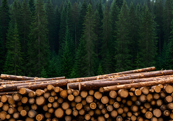 Pile of logs with a background of trees
