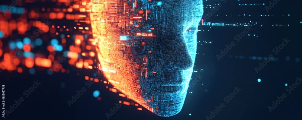 Poster Artificial intelligence face glowing with data processing