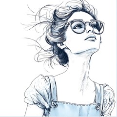 Fototapeta premium Stylish Woman in Overalls, Pen and Ink Illustration. A detailed drawing of a fashionable young woman looking upwards, wearing glasses and overalls.