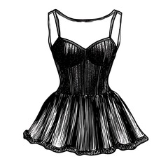 Hand-drawn Illustration of a Vintage Black Dress with a Corset Top and Flared Skirt.