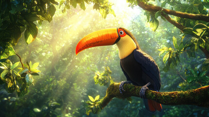 A toucan with vibrant plumage and a large yellow-orange beak on a jungle perch, surrounded by lively green leaves and sunbeams breaking through overhead trees, detailed bark texture