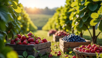 Fresh strawberries and blueberries in wooden crates at berry farm during sunset for seasonal harvest and organic farming themes