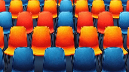 Fototapeta premium Vibrant Collection of Blue and Orange Plastic Chairs in a Modern Seating Arrangement