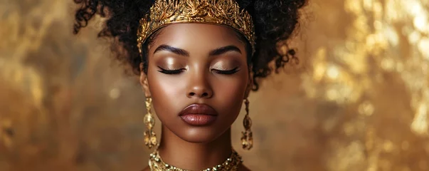Wanddecoratie Zwart goud Beautiful black woman wearing gold crown posing on golden background  © HISTOCK