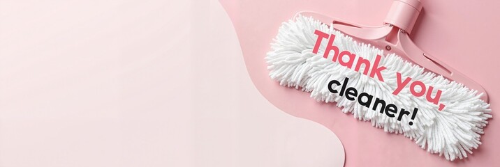 Thank you card with playful text on a cozy pink background featuring a floor mop, gratitude concept of cleaning service, home care, and housekeeping