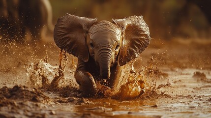 Adorable baby elephant playing in mud puddle wildlife photography animal kingdom african safari adventure