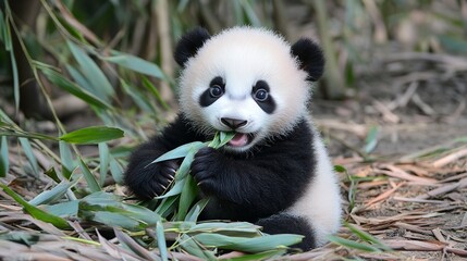 Obraz premium Cute baby panda eating bamboo leaves adorable animal wildlife nature conservation zoo black and white bear cub