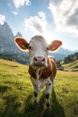 Summer pastures with a cow grazing peacefully, set against a stunning panorama of the Alps.