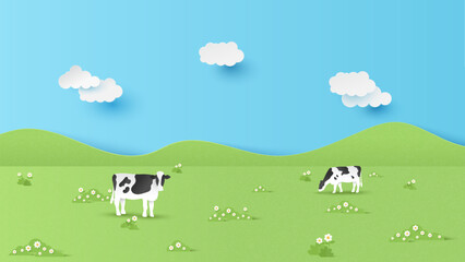 Obraz premium Vector illustration of farm landscape with cows and mountain on a sunny day. Paper cut and craft style illustration