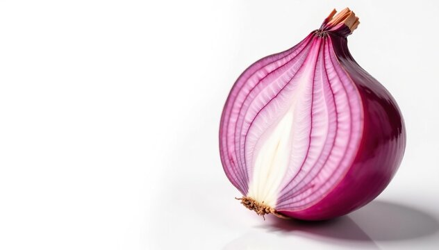 Close-up of red onion, showing layers, white backdrop, red, cut