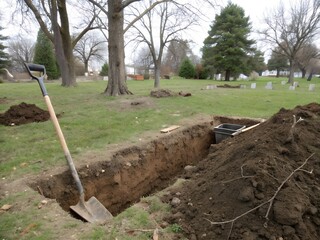 A dug grave with a pile of earth next to it and a shovel stuck in it.