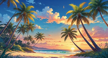 Palm trees swaying in the breeze on a peaceful beach at sunset anime cartoon style illustration artwork design background