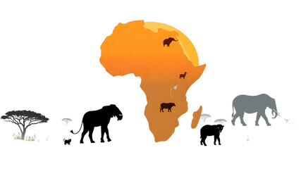 Obraz premium Vector illustration of Africa Map with animals silhouette on transparent background Generative AI