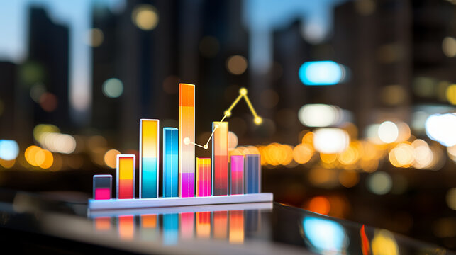 Visualize vibrant data trends with colorful bar graphs and line chart, showcasing growth and analysis in modern urban setting - Powered by Adobe