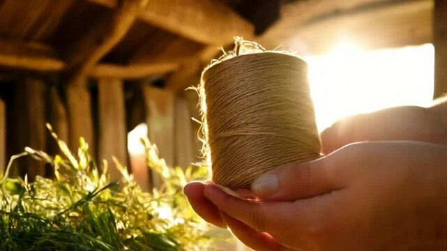 Hands holding twine spool, sunlit rustic barn background, crafting material.