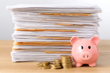 High Stack of Paper Documents with Piggy Bank and Coins: Financial Paperwork and Savings Concept
