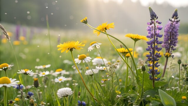 Vibrant wildflowers bloom in a sun drenched meadow a breathtaking scene of daisies dandelions and lupines bathed in soft morning light creating a peaceful and idyllic summer AI Generative