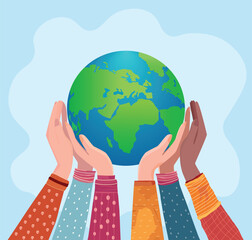 Hands holding globe happy Earth day concept illustration 