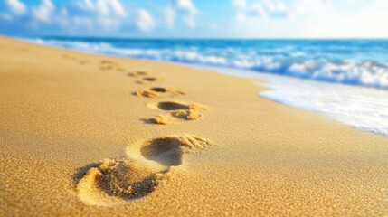 Footprints on golden beach, waves, bright sky.  Possible use Stock photo