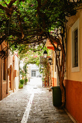 Obraz premium A beautifully picturesque alleyway adorned with vibrant, lush bougainvillea situated in a serene village setting. Rethymno town, Crete island, Greece.
