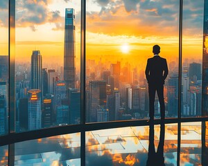Plakat Businessman city sunset view