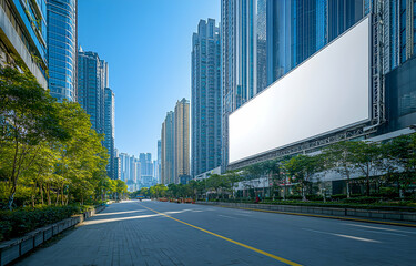 Fototapeta premium Urban advertising canvas, Blank billboard stands tall among city skyscrapers