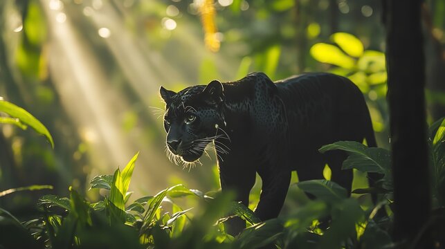 Black panther in jungle wildlife photography nature majestic animal wildcat predator rainforest beauty - Powered by Adobe