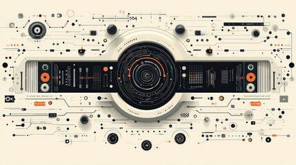 Obraz premium Abstract Technology Background with Geometric Shapes and Circuit Lines in Black and Orange Color Palette