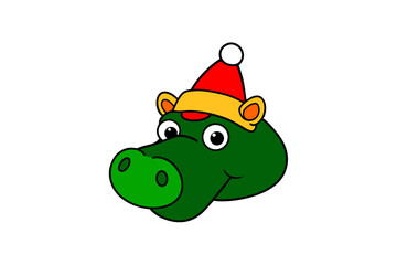 Funny Christmas Hippo Head with Santa Claus Hat Cartoon