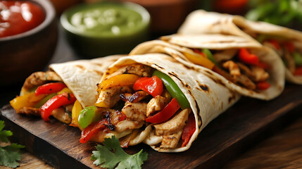 Delicious grilled chicken fajitas wrapped in soft tortillas, filled with vibrant bell peppers and served with fresh salsa and guacamole. perfect dish for any gathering