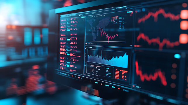 An AI powered real time financial trading platform analyzing market trends and executing trades based on data predictions, Finance technology style, photo of