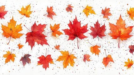 Obraz premium Colorful Autumn Maple Leaves Falling on White Background with Splashes of Color