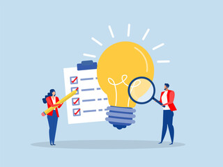 businessman analyze glowing lightbulb idea with magnifier checking and validate business viability  feasibility study by market research to see possibility to success in real world