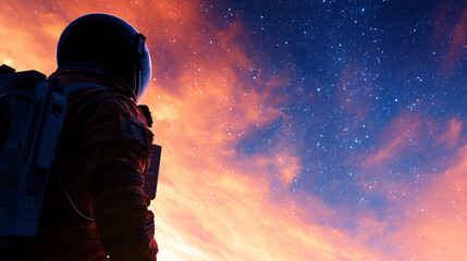 astronaut gazes at vibrant cosmic sky filled with stars and colorful clouds, evoking sense of wonder and exploration