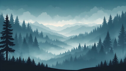 Obraz premium Mountain landscape with pine trees and mist in the morning