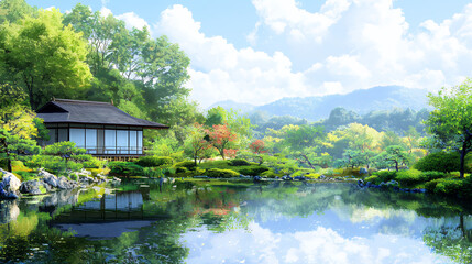 Obraz premium serene landscape featuring traditional house by tranquil pond, surrounded by lush greenery and colorful trees under bright blue sky