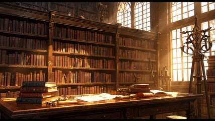 Obraz premium Sunlit Library: A Haven of Ancient Books and Golden Hues