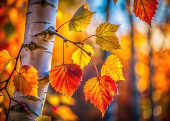 Fototapeta premium Crisp autumn light bathes birch leaves in golden tones; a botanical fine art capture of nature's detail.