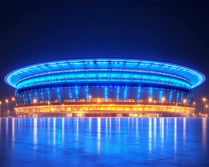 Futuristic sports arena with a retractable roof illuminated at night