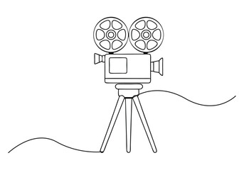 Minimalist continuous line drawing of a vintage film camera on tripod with dual lens and classic design details

