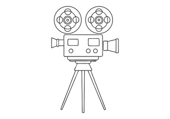 Minimalist continuous line drawing of a vintage film camera on tripod with dual lens and classic design details

