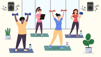Illustration of a group fitness class with people lifting dumbbells on mats, upbeat music playing, and an instructor supervising.